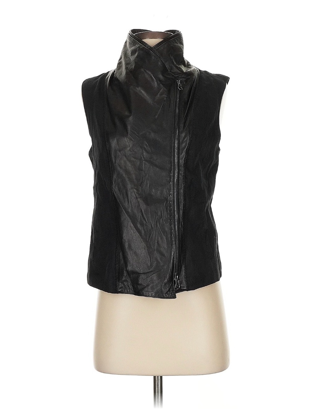 Vince Black Sleeveless Leather Asymmetric Zip Vest
